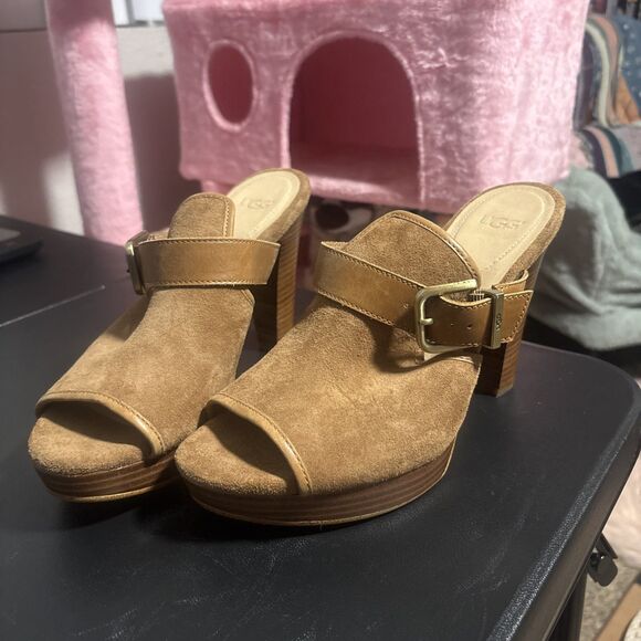 UGG Open Toe Mule Heel With Buckle - Women’s Size 8.5 - Brown Leather - Picture 1 of 6